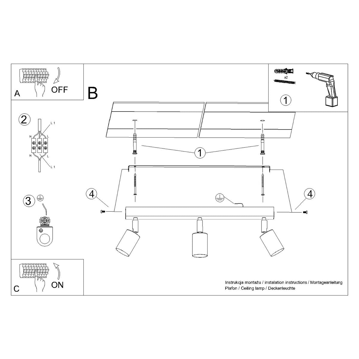 Plafondlamp WINX 3 zwart/cooper