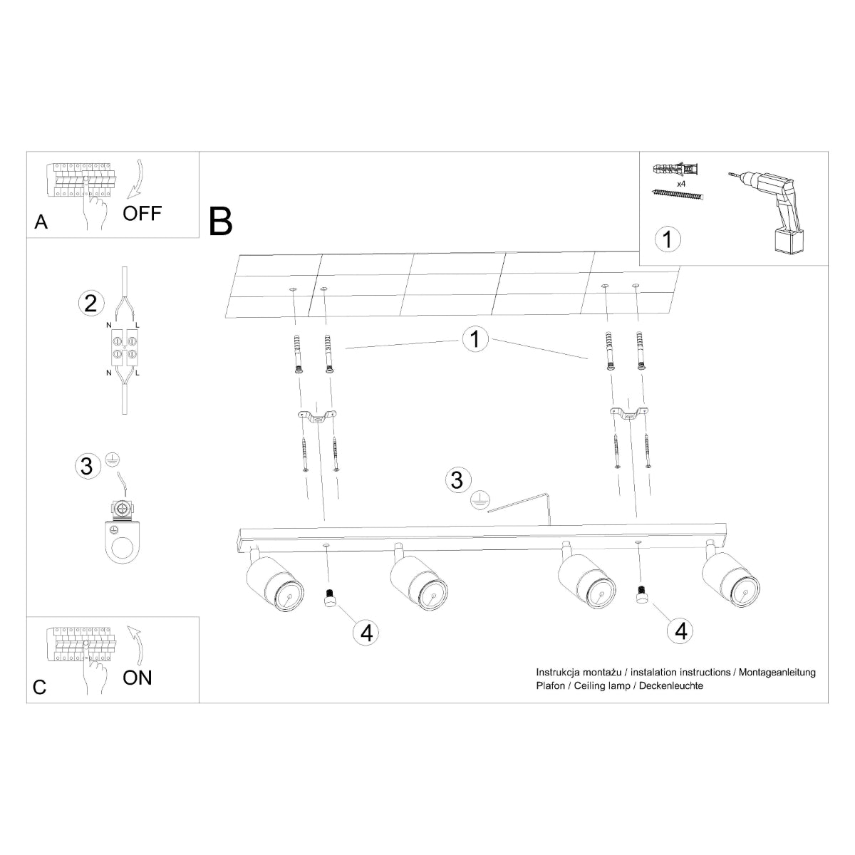 Plafondlamp NERO 4 zwart/chroom