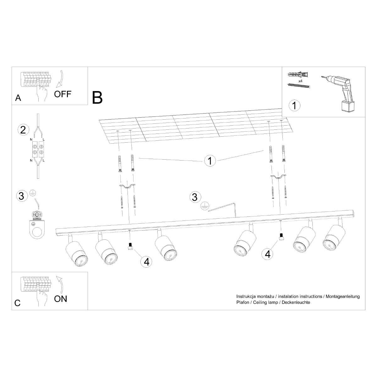 Plafondlamp NERO 6 zwart/chroom