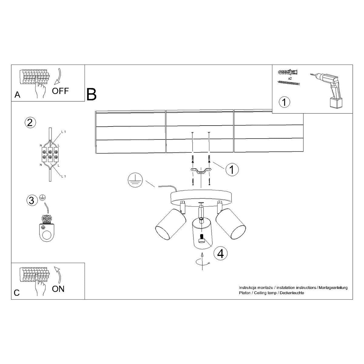 Plafondlamp WINX 3P zwart/chroom